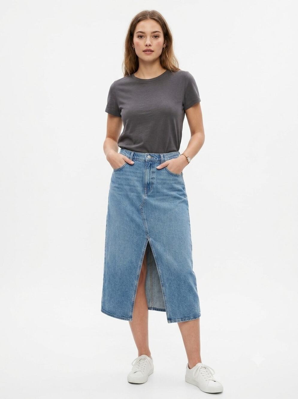 NWT Gap Denim Maxi Skirt Womens 14/32 Blue Medium Wash Stretch Slit Front Modern